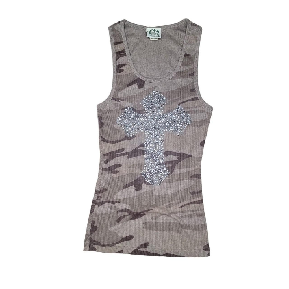 Chi rho rhinestone embellished cross tan brown camo ribbed tank top size medium